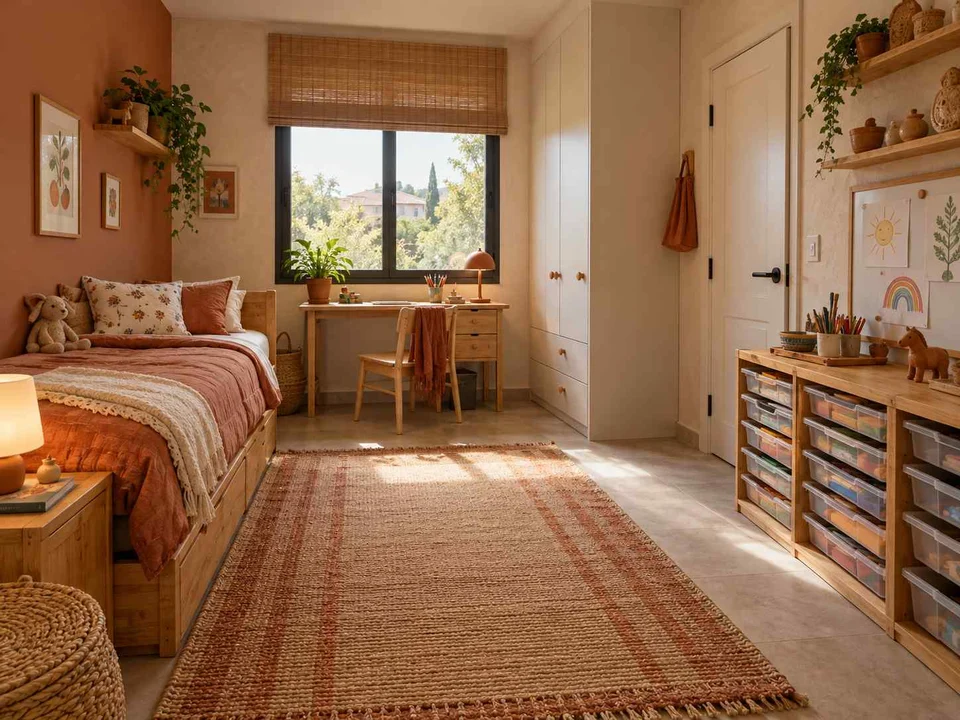 AI concept of a bedroom with cabinetry and shelving along the walls, with terracotta accents and warm wood finishes