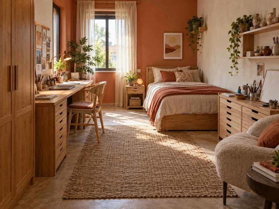 AI concept of a bedroom with desk space, task lighting and nearby storage, with terracotta accents and warm wood finishes
