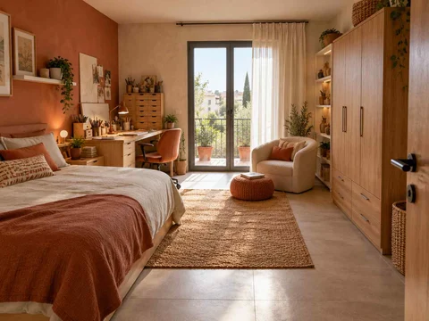 AI concept of a bedroom opening towards full-height glazed doors, with terracotta accents and warm wood finishes