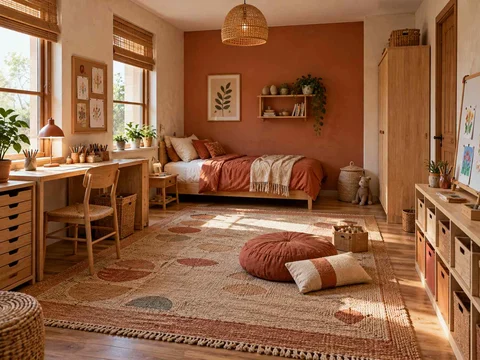 AI concept of a bedroom with a central rug and open floor space for play, with terracotta accents and warm wood finishes