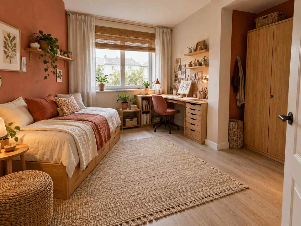 AI concept of a bedroom with a study desk and storage beside the sleeping area, with terracotta accents and warm wood finishes