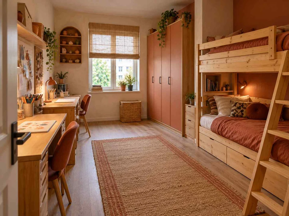 AI concept of bunk beds alongside study furniture and storage, with terracotta accents and warm wood finishes