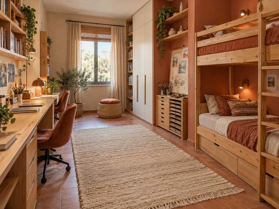 AI concept of bunk beds paired with bookshelves and study space, with terracotta accents and warm wood finishes