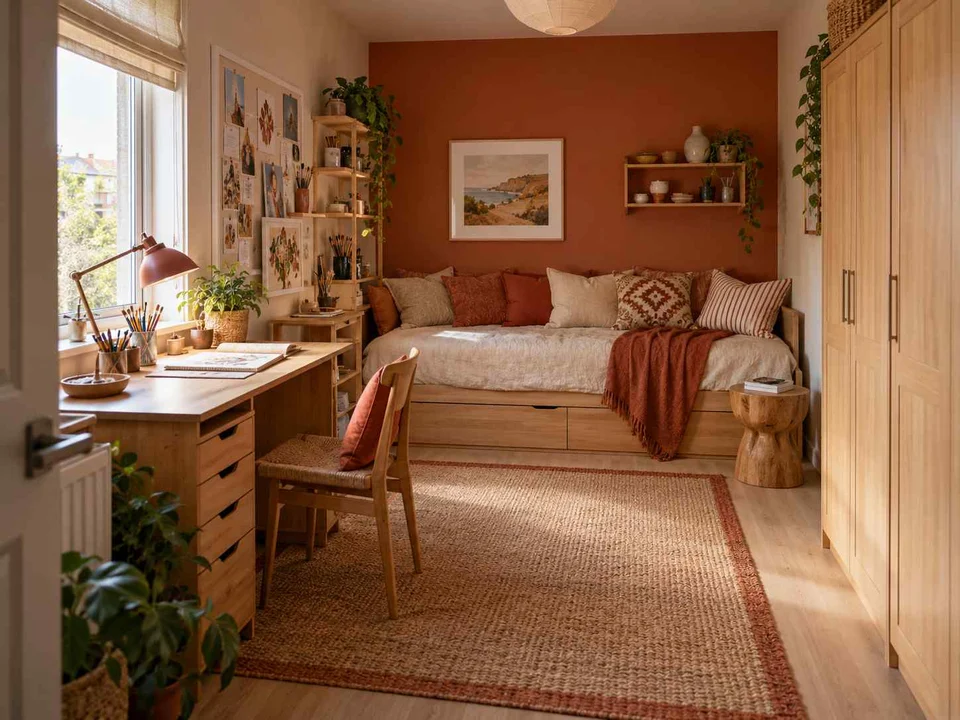 AI concept of a compact bedroom combining a bed, desk and storage, with terracotta accents and warm wood finishes