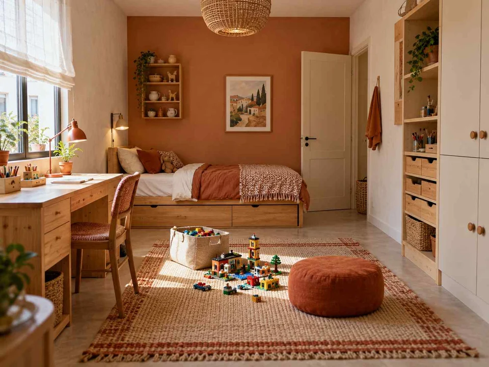 AI concept of a daylit bedroom with space for floor play, with terracotta accents and warm wood finishes
