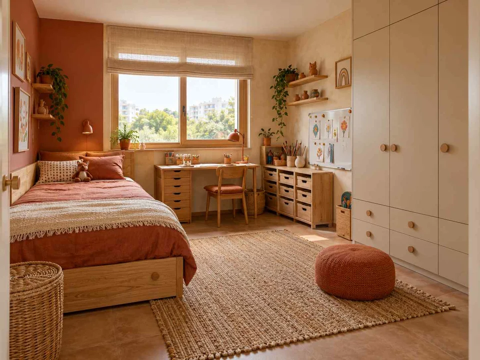 AI concept of a bedroom with a bed, study desk and open central floor space, with terracotta accents and warm wood finishes