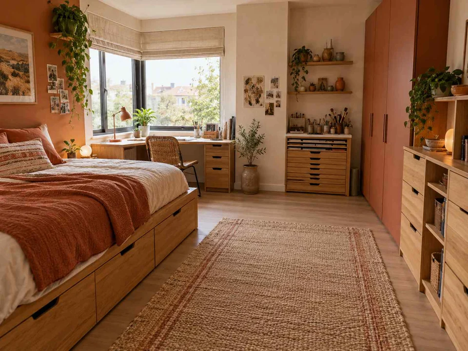 AI concept of a bedroom combining low storage with taller cabinetry or shelving, with terracotta accents and warm wood finishes