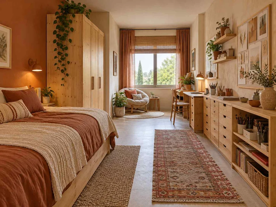 AI concept of a long bedroom with sleeping and study areas arranged along its length, with terracotta accents and warm wood finishes