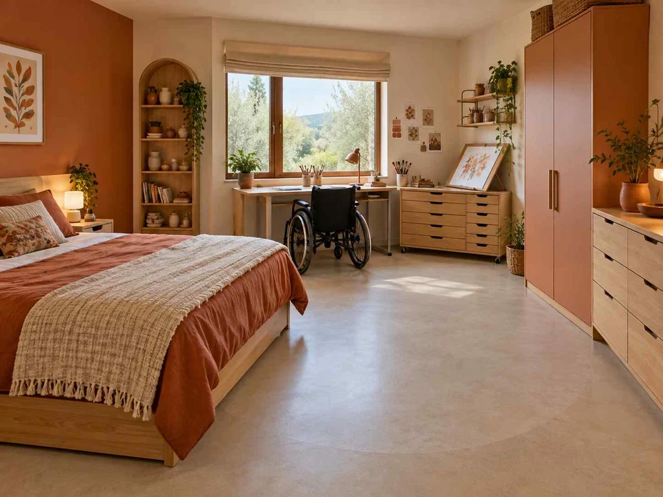 AI concept of a bedroom with an open central floor area and furniture arranged around its edges, with terracotta accents and warm wood finishes