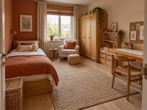 AI concept of a bedroom arranged around sleep, storage and a small sitting area, with terracotta accents and warm wood finishes