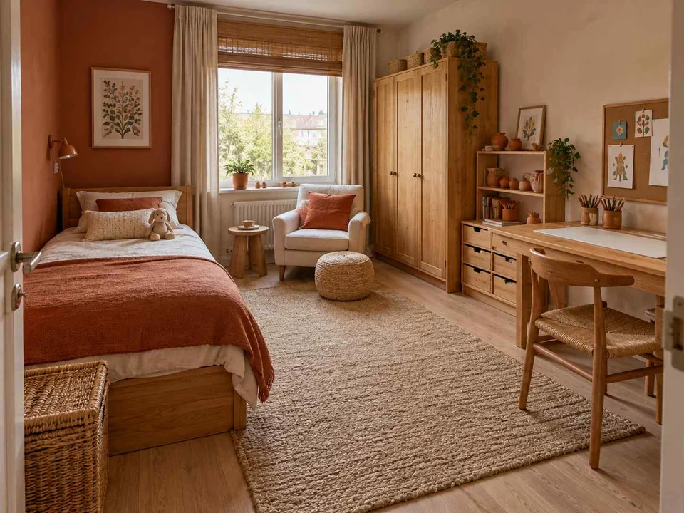 AI concept of a bedroom arranged around sleep, storage and a small sitting area, with terracotta accents and warm wood finishes