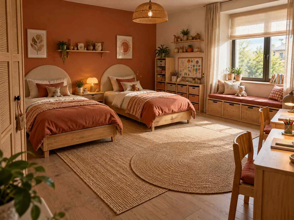 AI concept of a shared bedroom with twin sleeping areas and daylight from the window side, with terracotta accents and warm wood finishes