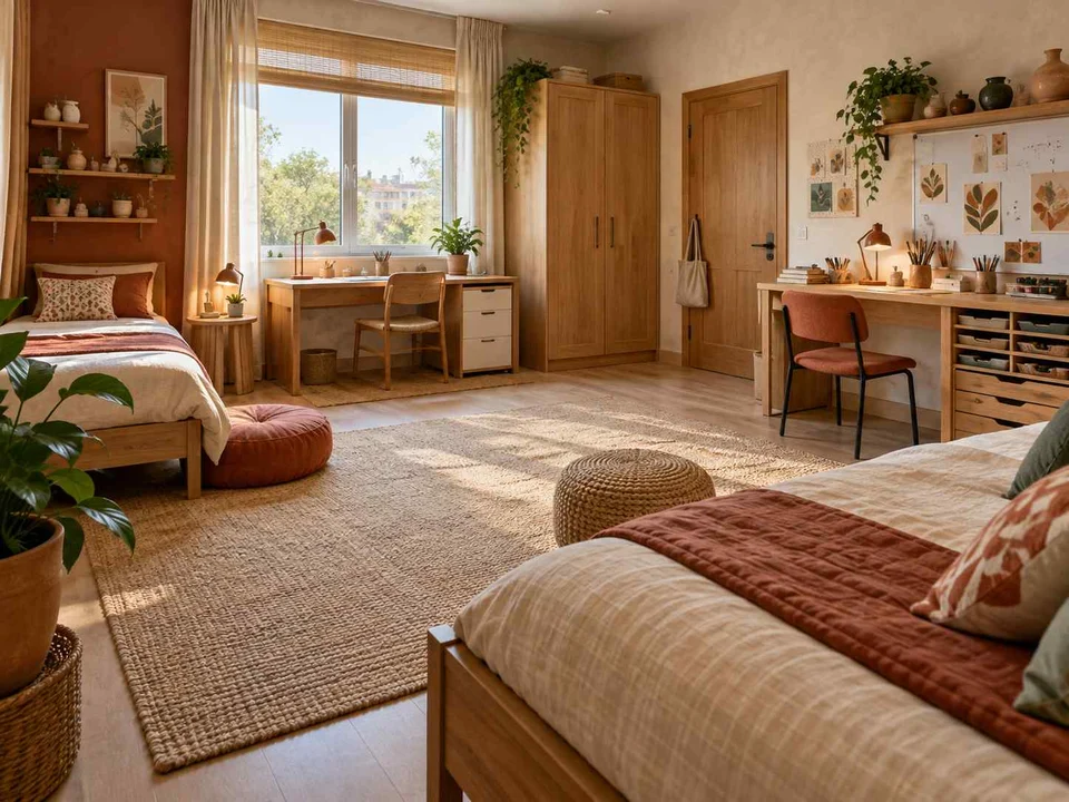 AI concept of a shared bedroom with two sleeping areas and desk space, with terracotta accents and warm wood finishes