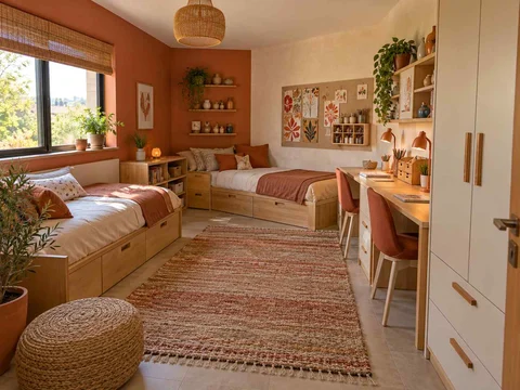 AI concept of a shared bedroom with two sleeping areas and study furniture, with terracotta accents and warm wood finishes