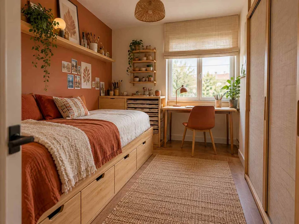 AI concept of a small bedroom with a bed, study furniture and integrated storage, with terracotta accents and warm wood finishes