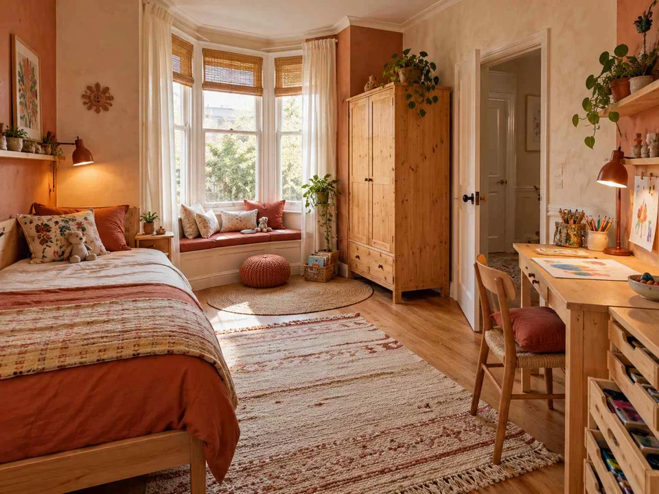 AI concept of a bedroom with a window-side seating area, with terracotta accents and warm wood finishes