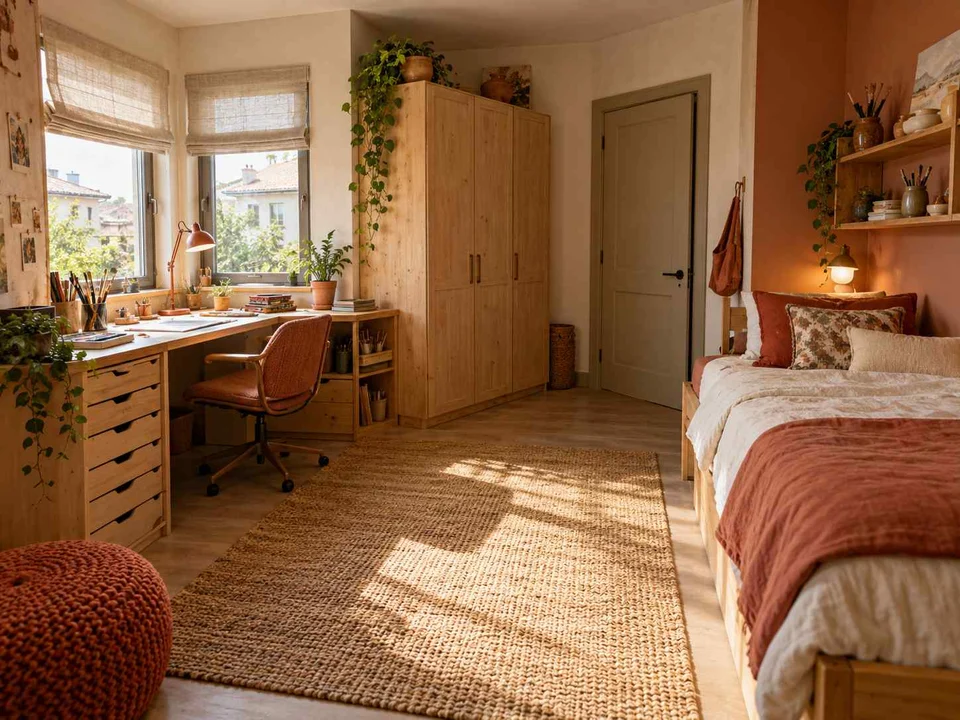 AI concept of a bedroom with a desk positioned near a window, with terracotta accents and warm wood finishes