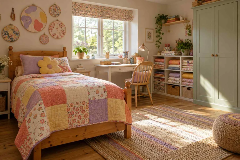 AI concept: a patchwork quilt, embroidery hoops and organised fabric shelves beside a worktable