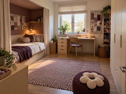 AI concept of a bedroom with a recessed sleeping area and a separate desk, with plum textiles and warm timber furniture