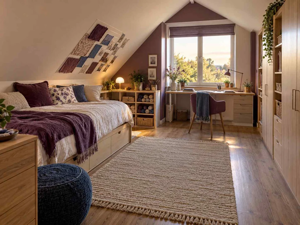 AI concept of a bedroom beneath a sloping ceiling with a bed and desk, with plum textiles and warm timber furniture