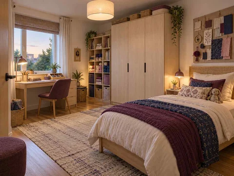 AI concept of a bedroom arranged with a bed, desk and storage furniture, with plum textiles and warm timber furniture