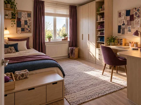 AI concept of sleeping and homework areas within the same room, with plum textiles and warm timber furniture
