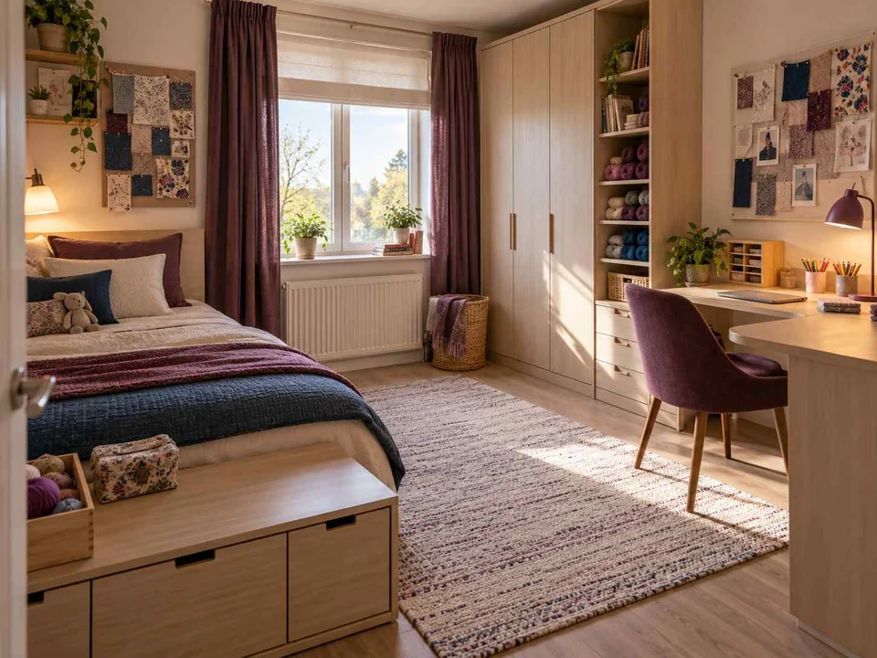AI concept of sleeping and homework areas within the same room, with plum textiles and warm timber furniture