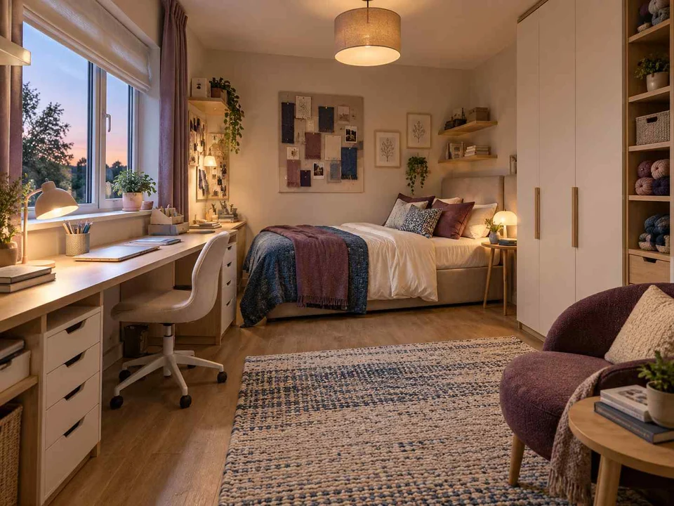 AI concept of a bedroom with desk space, task lighting and nearby storage, with plum textiles and warm timber furniture