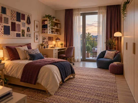 AI concept of a bedroom opening towards full-height glazed doors, with plum textiles and warm timber furniture