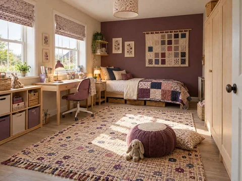 AI concept of a bedroom with a central rug and open floor space for play, with plum textiles and warm timber furniture