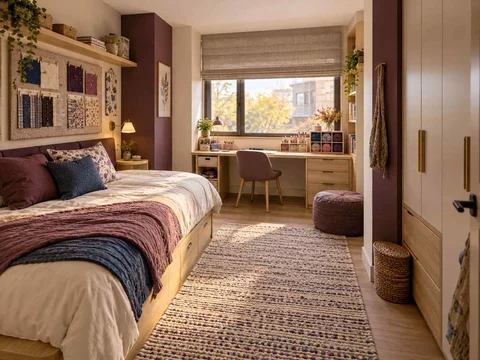 AI concept of a bedroom with a study desk and storage beside the sleeping area, with plum textiles and warm timber furniture