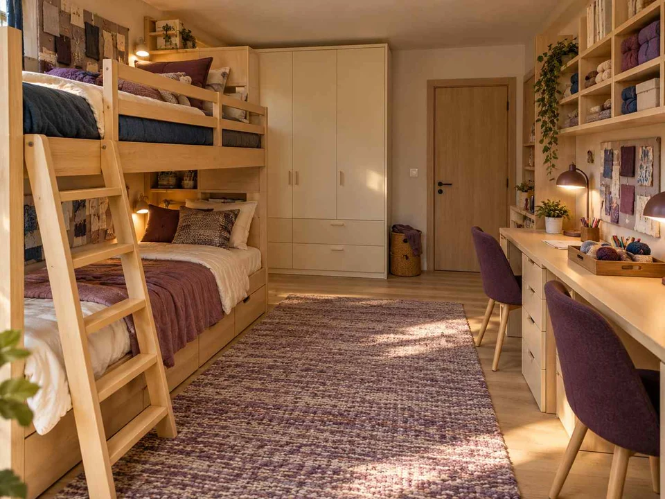 AI concept of bunk beds alongside study furniture and storage, with plum textiles and warm timber furniture