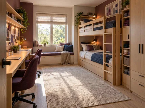 AI concept of bunk beds paired with bookshelves and study space, with plum textiles and warm timber furniture
