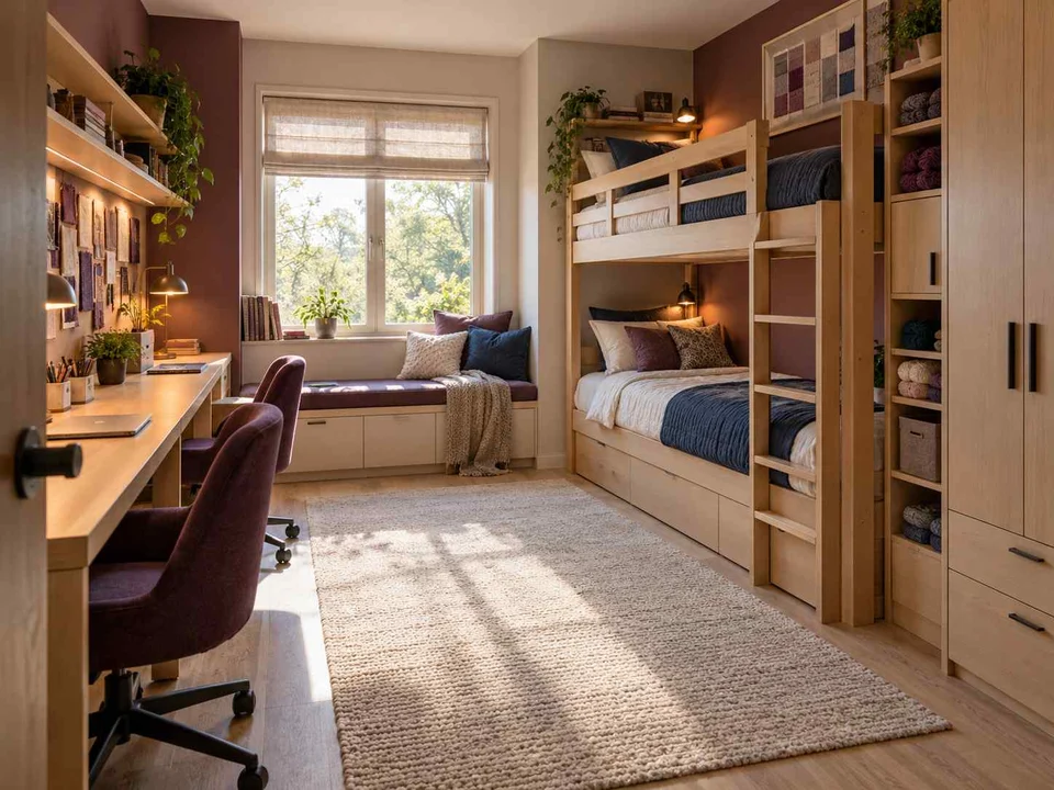 AI concept of bunk beds paired with bookshelves and study space, with plum textiles and warm timber furniture