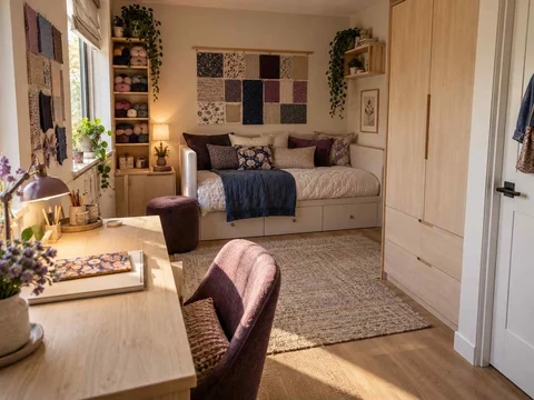 AI concept of a compact bedroom combining a bed, desk and storage, with plum textiles and warm timber furniture