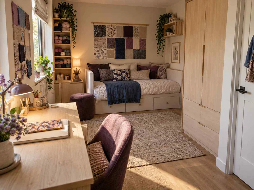 AI concept of a compact bedroom combining a bed, desk and storage, with plum textiles and warm timber furniture