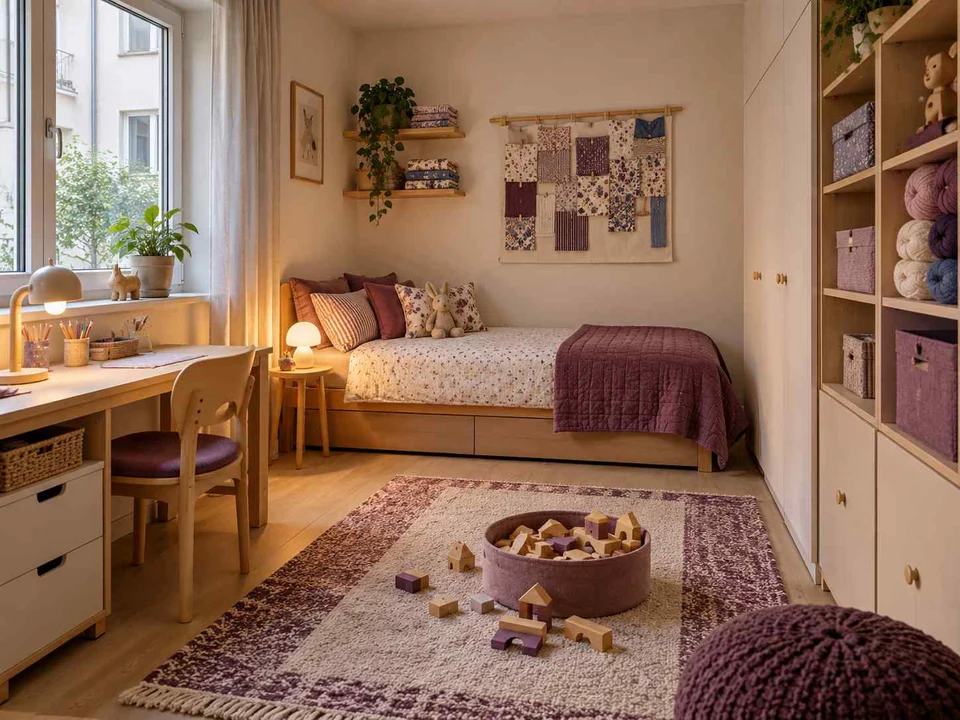 AI concept of a daylit bedroom with space for floor play, with plum textiles and warm timber furniture