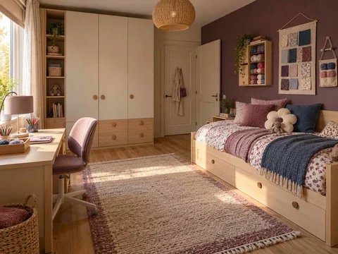 AI concept of a bedroom with a bed, study desk and open central floor space, with plum textiles and warm timber furniture
