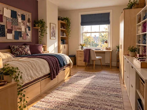 AI concept of a bedroom combining low storage with taller cabinetry or shelving, with plum textiles and warm timber furniture