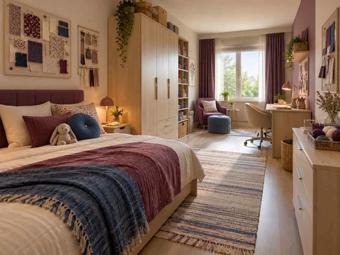 AI concept of a long bedroom with sleeping and study areas arranged along its length, with plum textiles and warm timber furniture