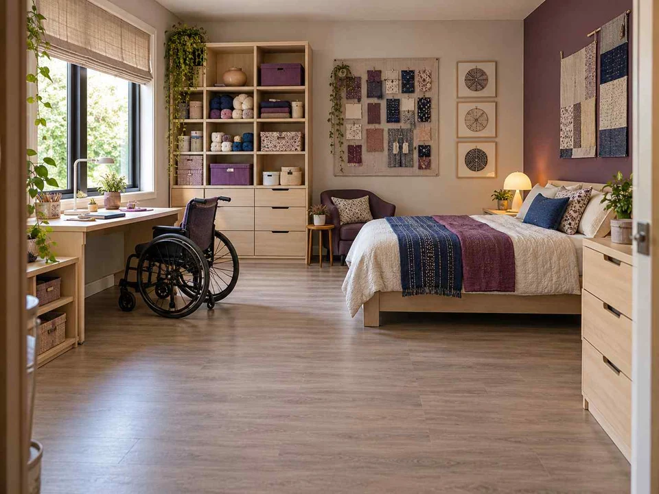 AI concept of a bedroom with an open central floor area and furniture arranged around its edges, with plum textiles and warm timber furniture