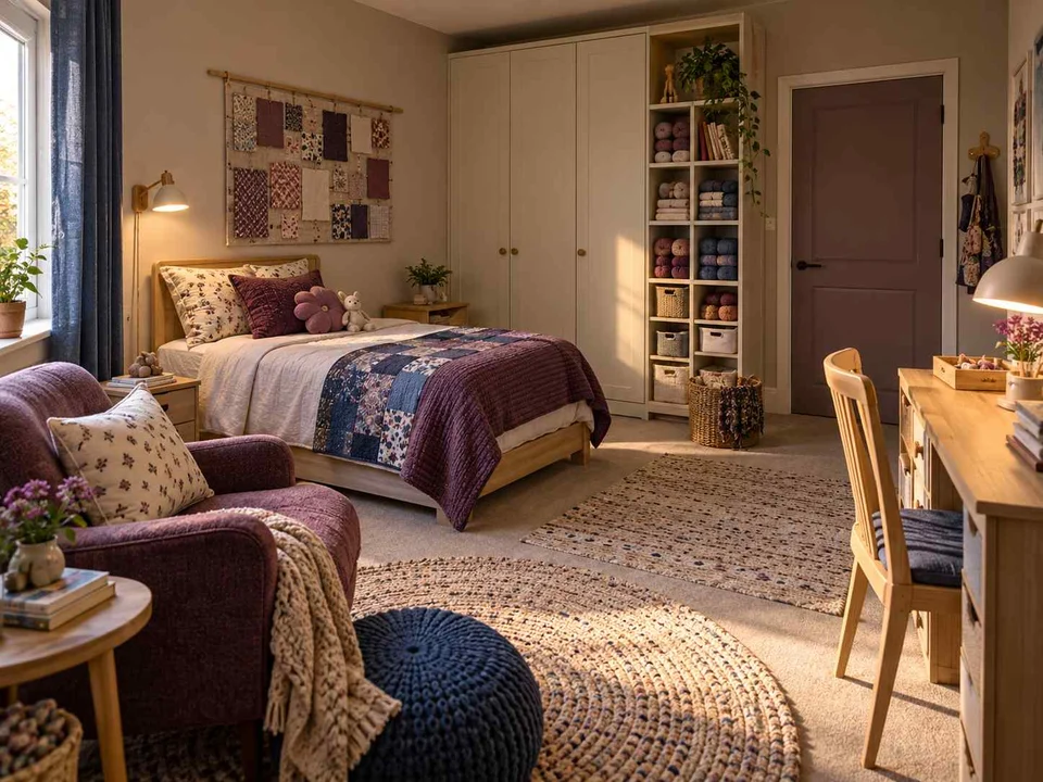AI concept of a bedroom arranged around sleep, storage and a small sitting area, with plum textiles and warm timber furniture
