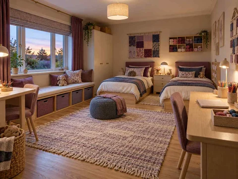 AI concept of a shared bedroom with twin sleeping areas and daylight from the window side, with plum textiles and warm timber furniture