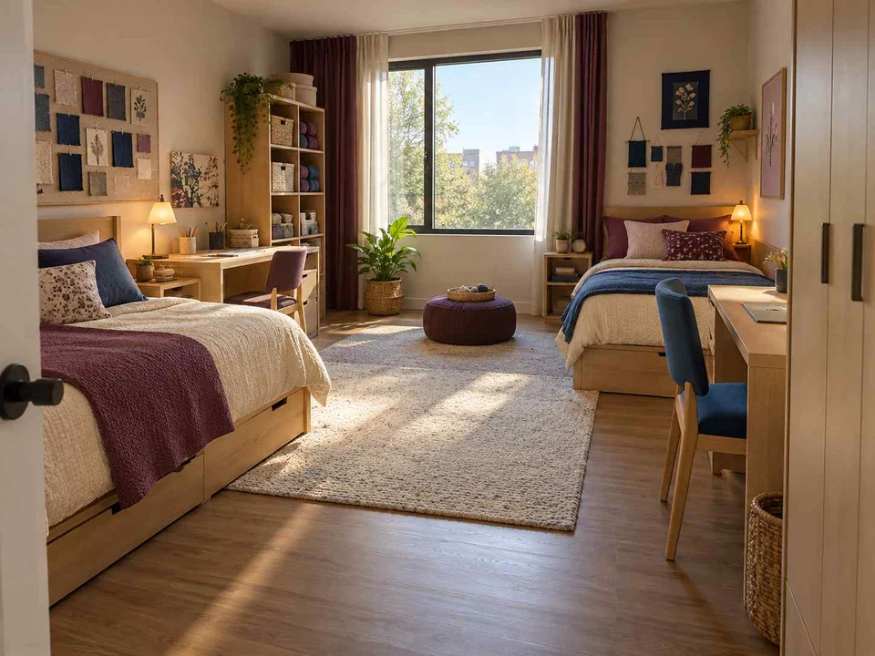 AI concept of a shared bedroom with two sleeping areas and desk space, with plum textiles and warm timber furniture
