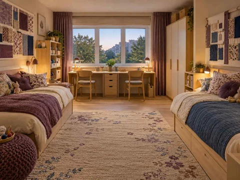 AI concept of two beds arranged around a shared central floor area, with plum textiles and warm timber furniture