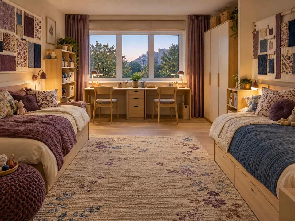 AI concept of two beds arranged around a shared central floor area, with plum textiles and warm timber furniture