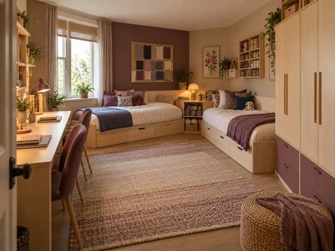 AI concept of a shared bedroom with two sleeping areas and study furniture, with plum textiles and warm timber furniture