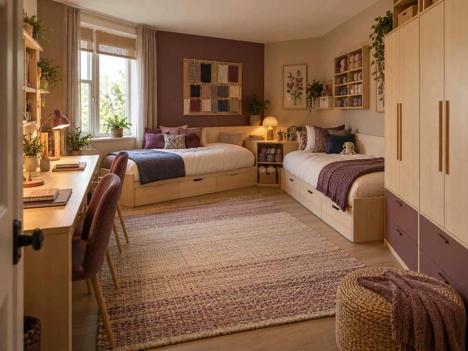 AI concept of a shared bedroom with two sleeping areas and study furniture, with plum textiles and warm timber furniture
