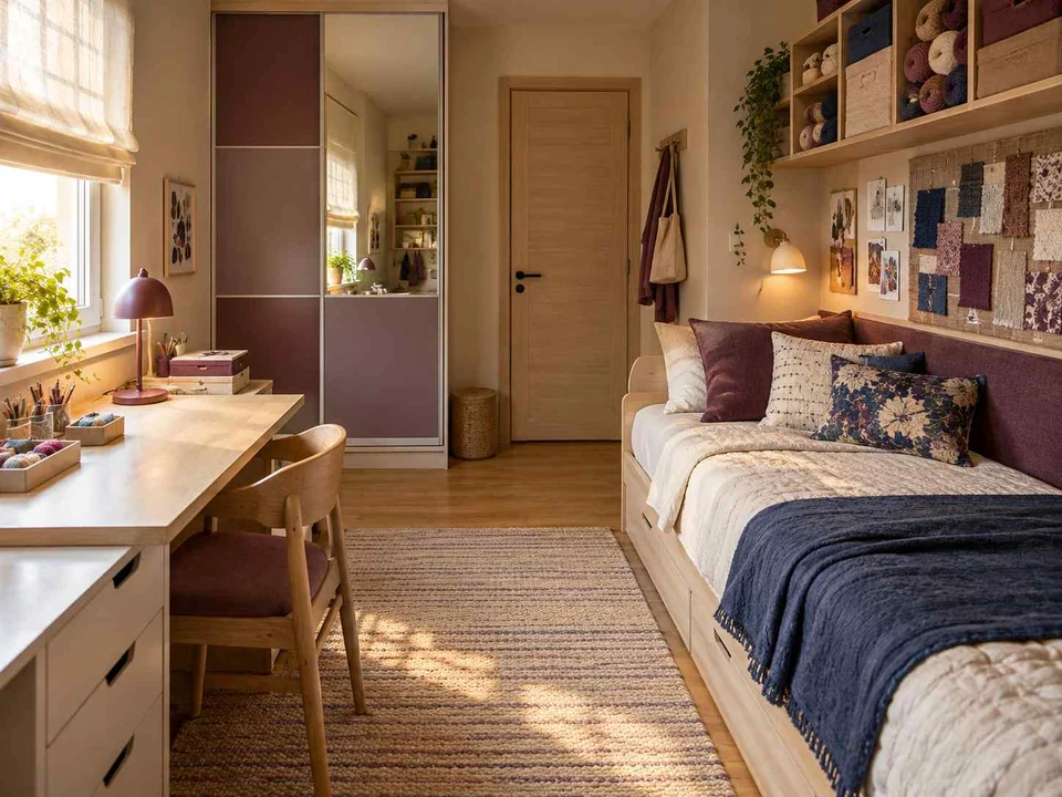 AI concept of a small bedroom with a bed, study furniture and integrated storage, with plum textiles and warm timber furniture