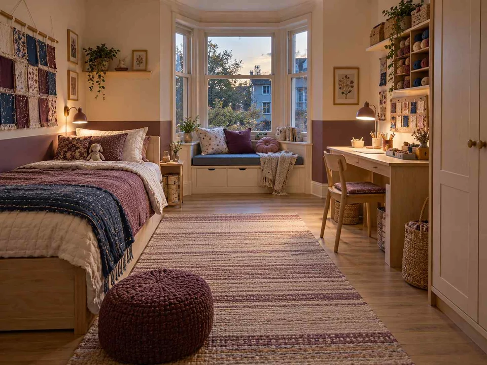 AI concept of a bedroom with a window-side seating area, with plum textiles and warm timber furniture